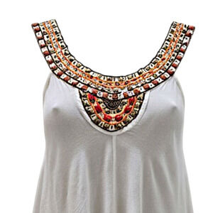 White Beaded Neckline Flowy Midi Dress Size Small Boho Resort